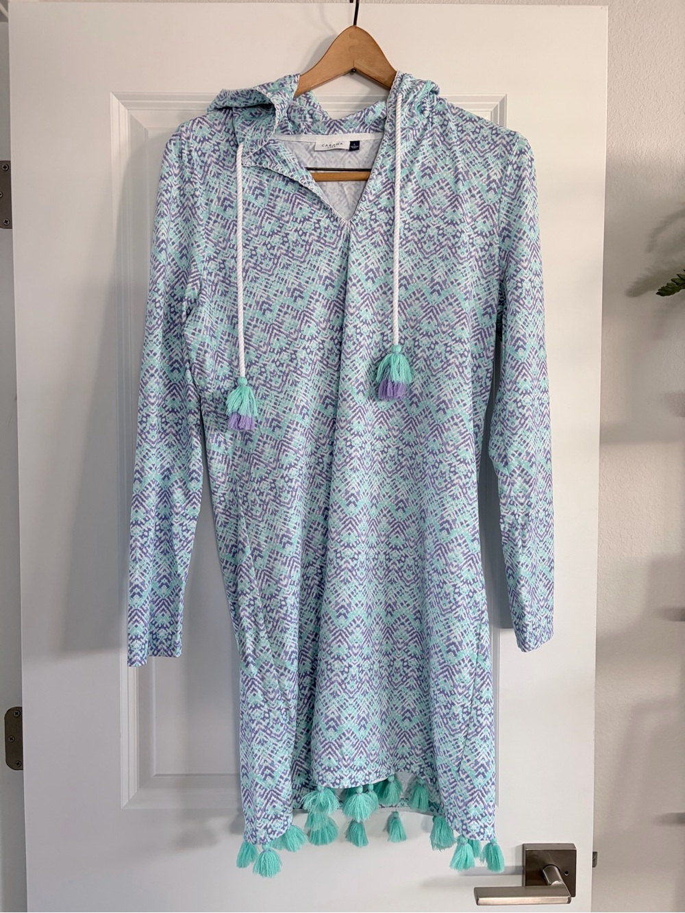 Cabana Life Turquoise & Lavender Printed Hooded Tunic with Tassel Drawcord